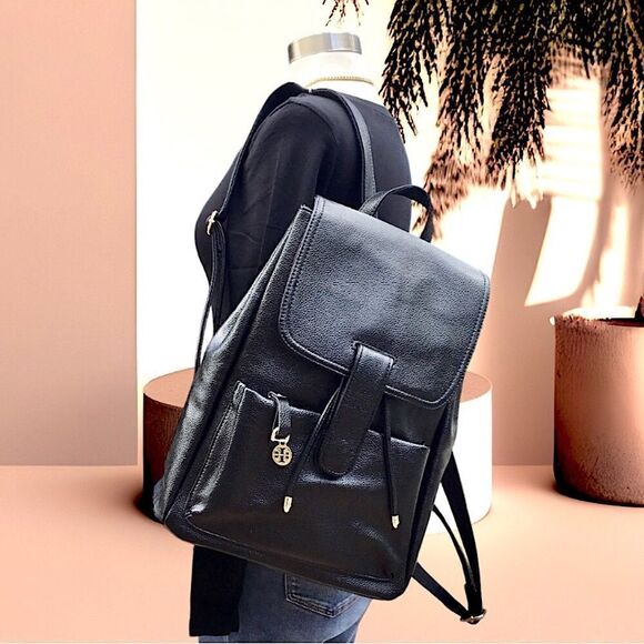 BACKPACK BLACK PEBBLE LEATHER SCHOOL WORK OFFICE TRAVEL - Picture 2 of 11